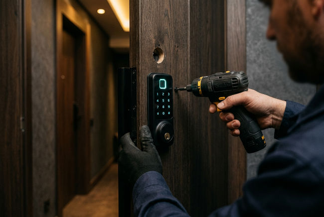 Fechadura digital com biometria sendo instalada em porta